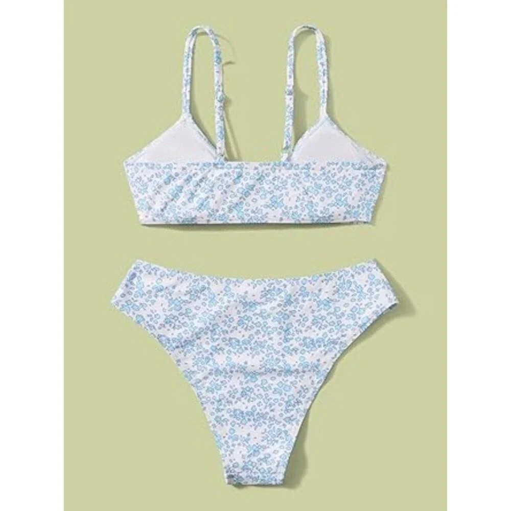 Girls' 2 Piece Ditsy Floral Print Knot Front Ruched Triangle Bikini 14YO